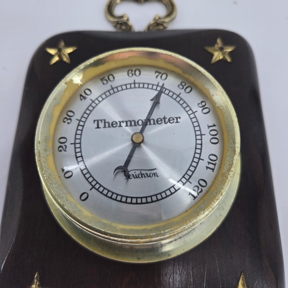 Vintage Verichron Wall Thermometer Wood Plaque Brass Stars Mod V12-4T USA Made - Picture 4 of 7